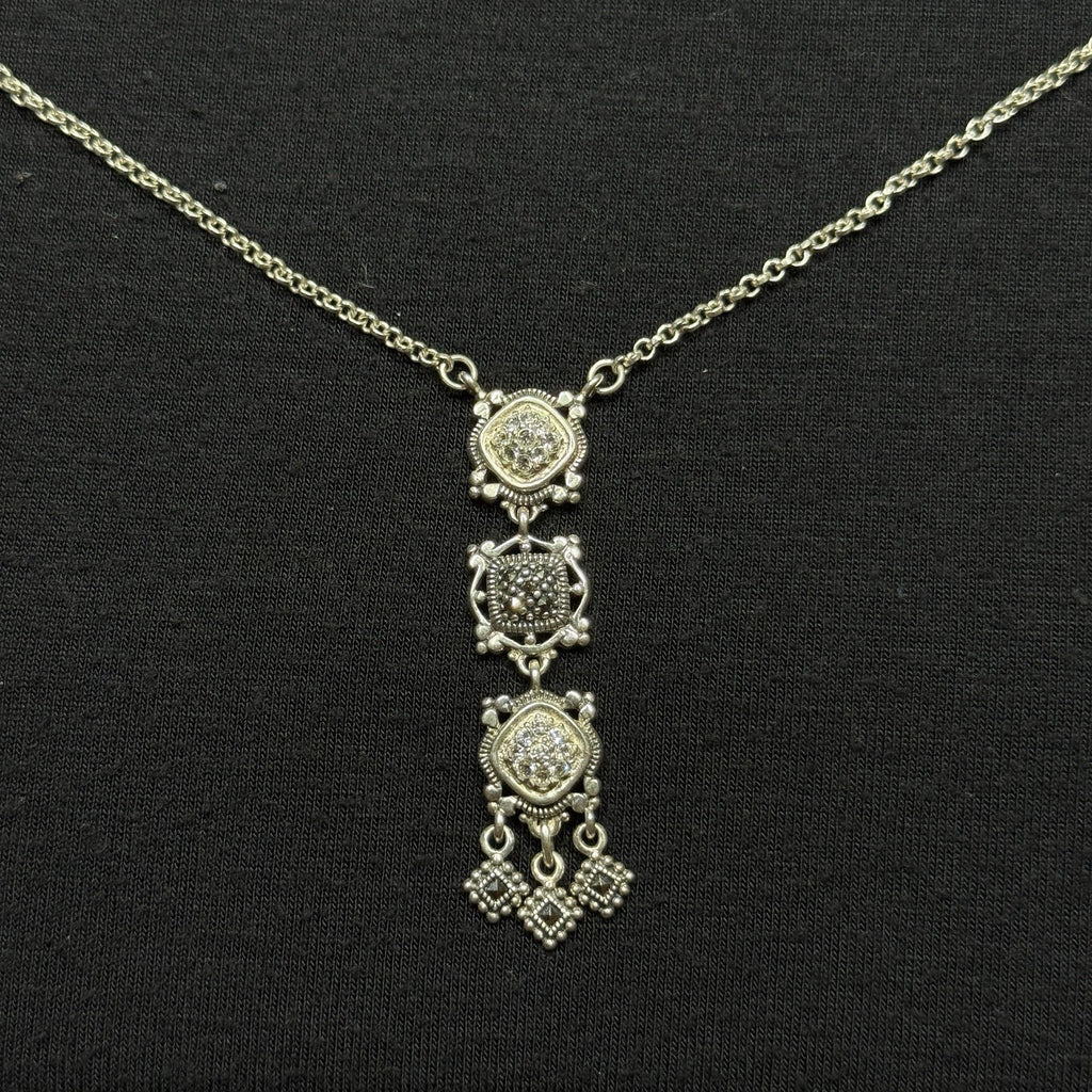 Estate Sterling Silver 925 Necklace CZ Marcasite 3 Tier 925A 19IN