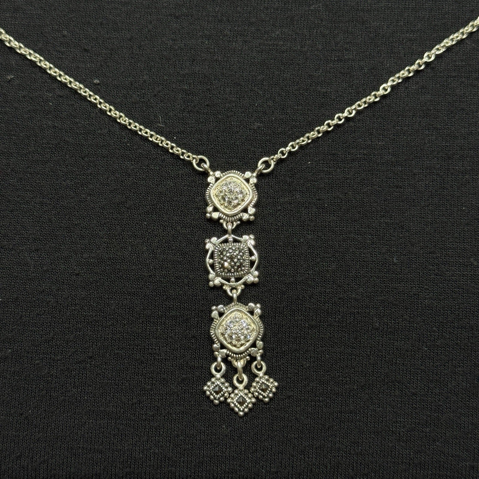 Estate Sterling Silver 925 Necklace CZ Marcasite 3 Tier 925A 19IN