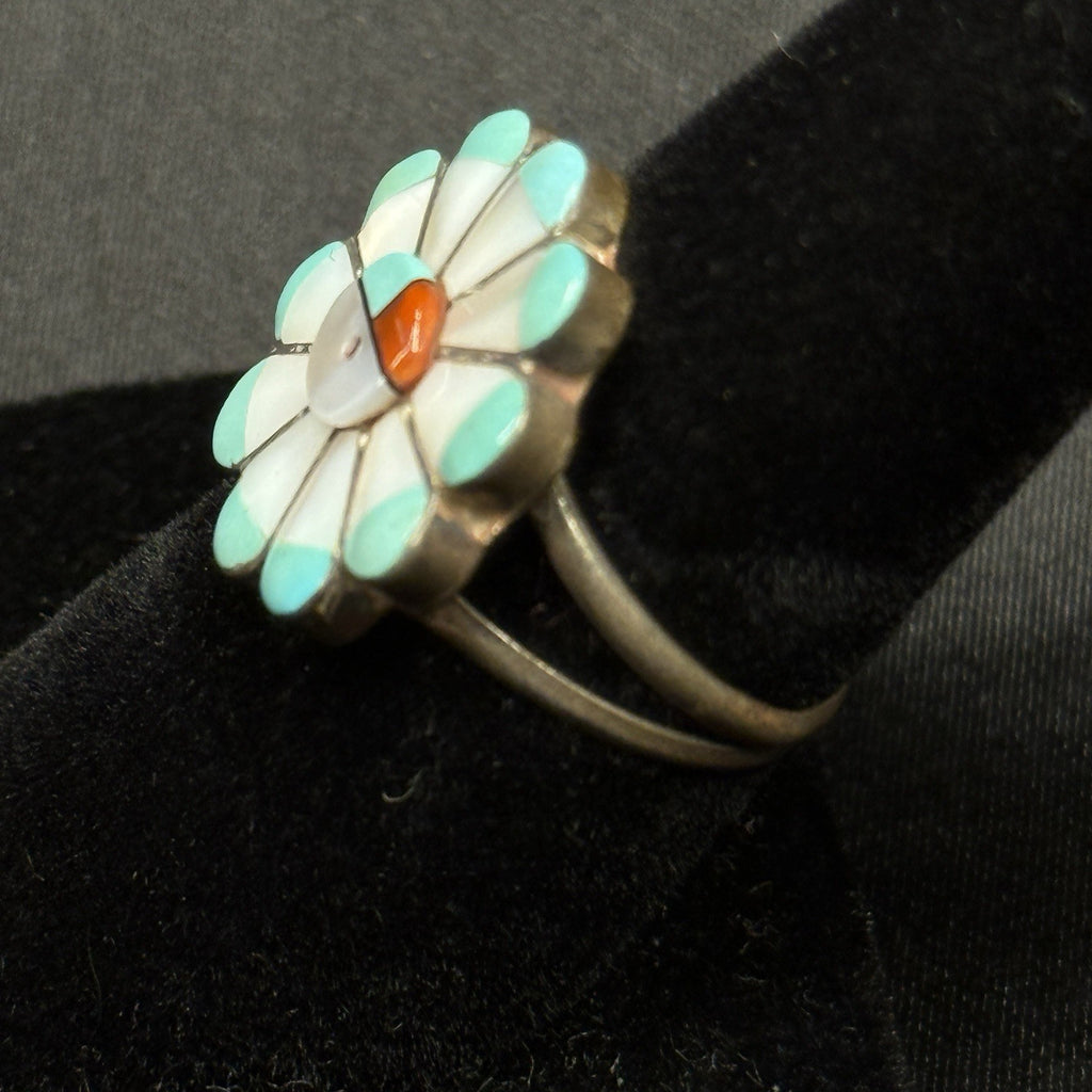 Native American Sterling Silver Ring Inlay Sun Face Signed Rotiero Vacit Sz 6.5