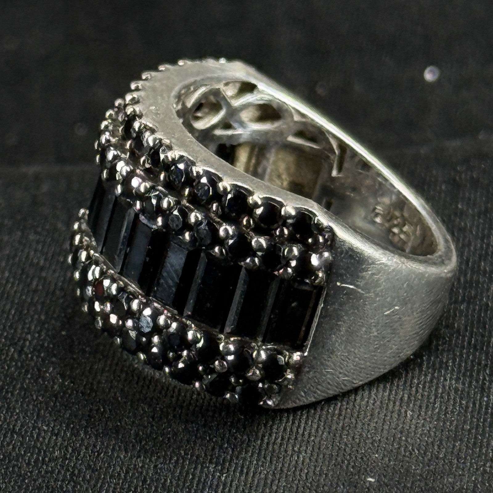 Estate Sterling Silver Ring Black CZ Baguette Cluster Thick Band 925 Size 6