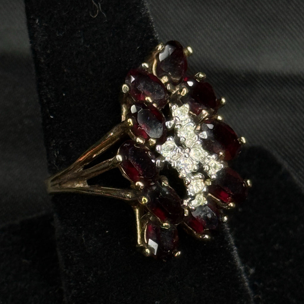 Estate Sterling Silver Ring Garnet CZ Cluster Gold Washed Size 7.5 925