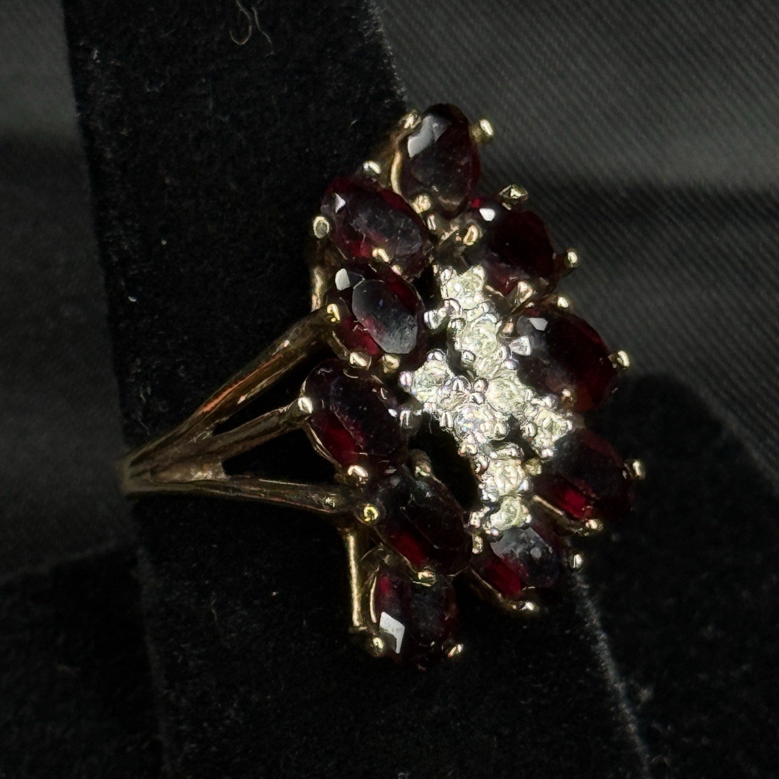 Estate Sterling Silver Ring Garnet CZ Cluster Gold Washed Size 7.5 925