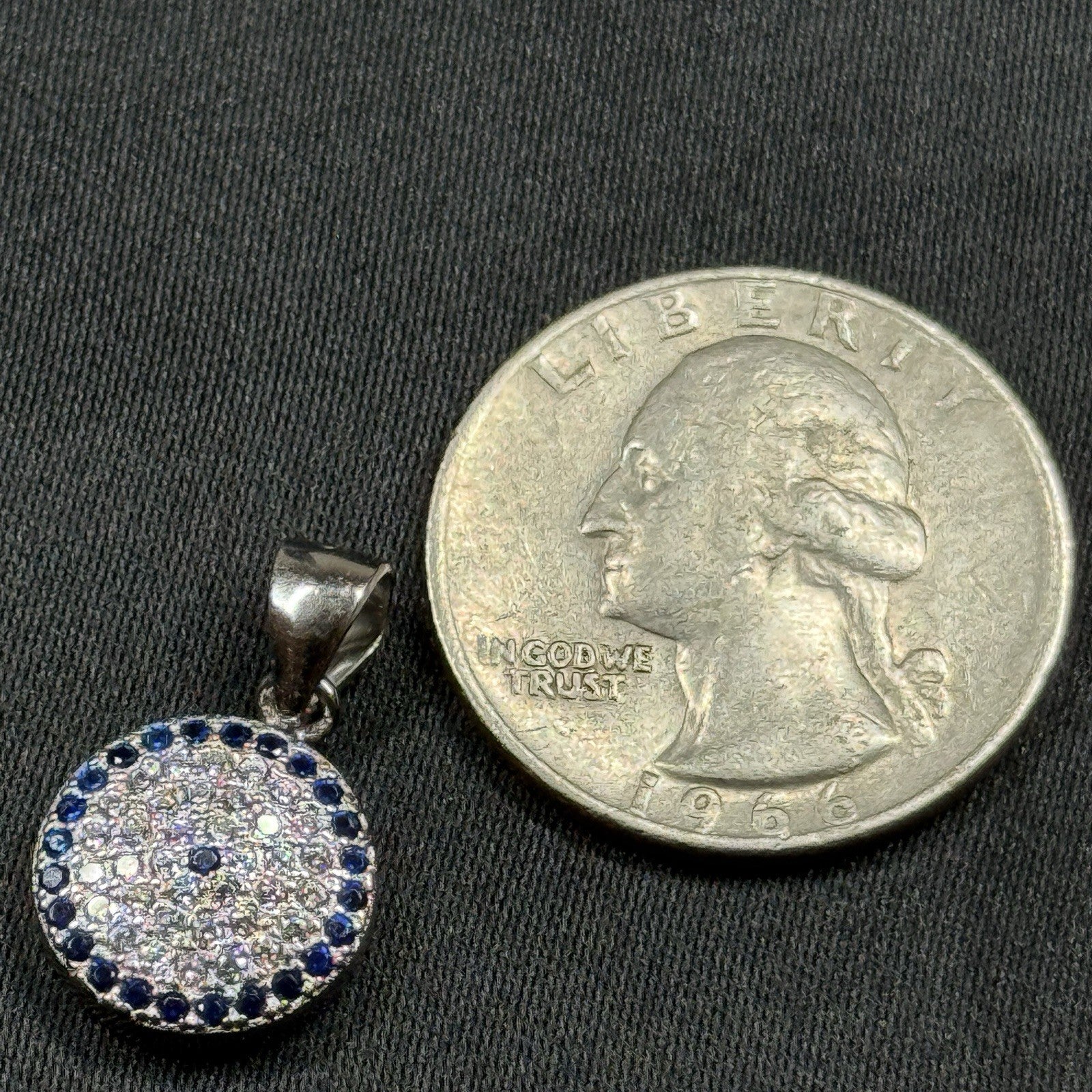 Sterling Silver 925 Round Pendant Blue CZ Halo Pave Disc