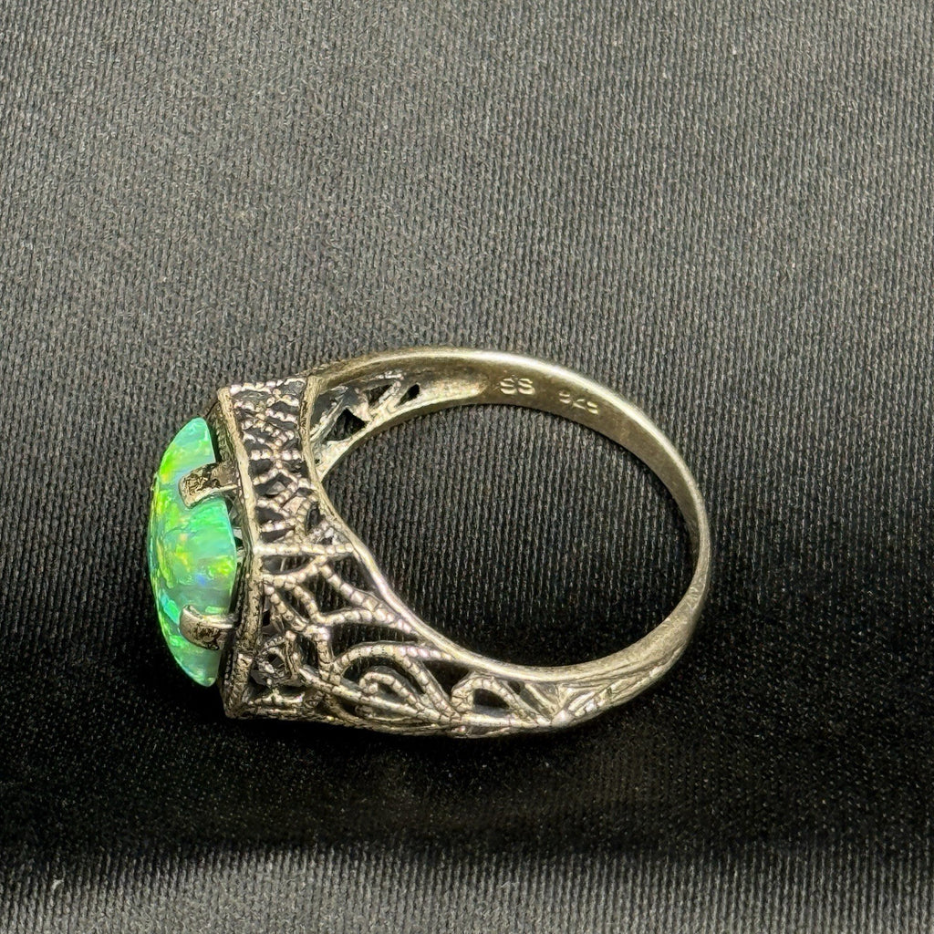 Sterling Ring Silver Ring Art Deco Filigree Green Opal Size 7.5 Signed SS