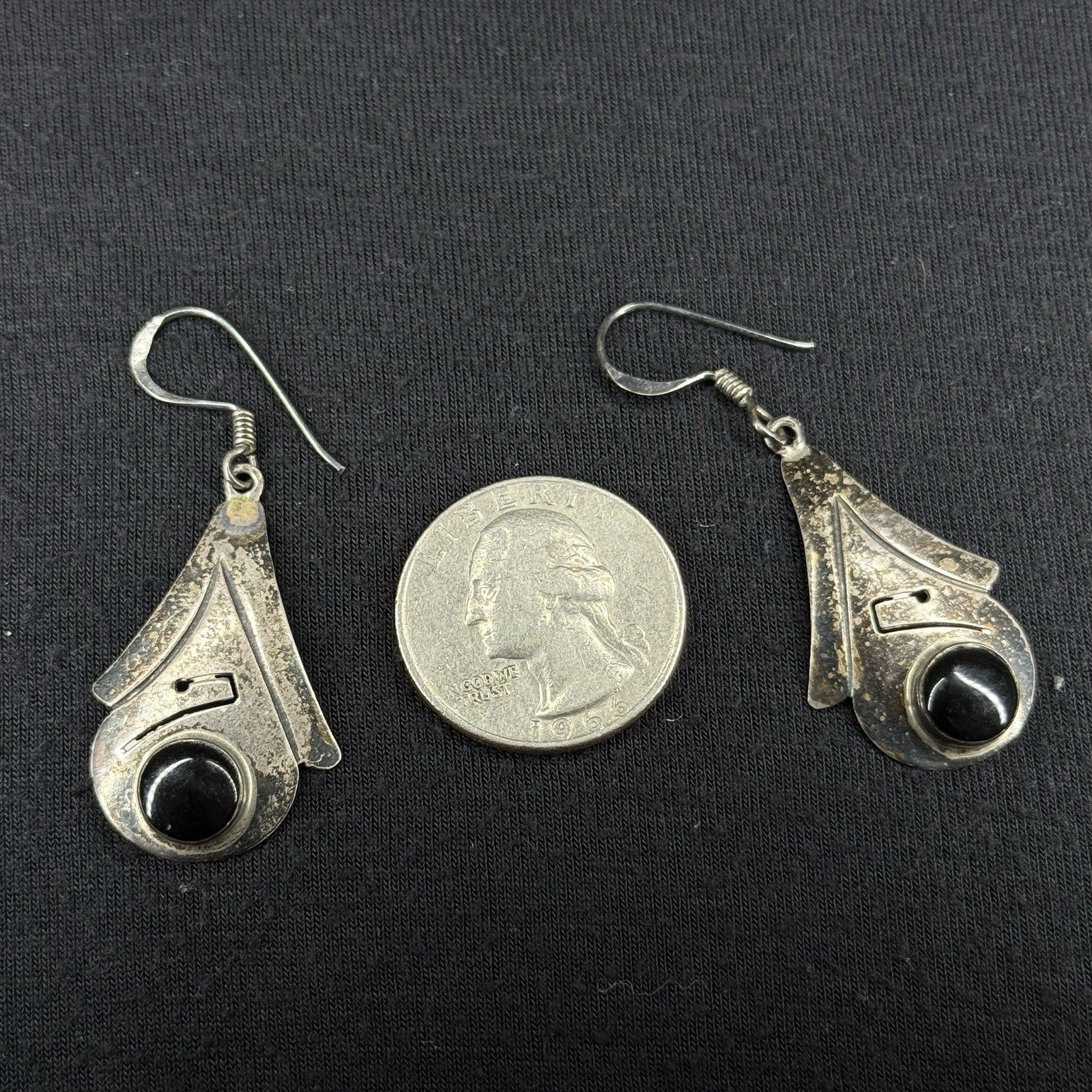 Mexico Estate Sterling Silver Earrings Black Oynx 925