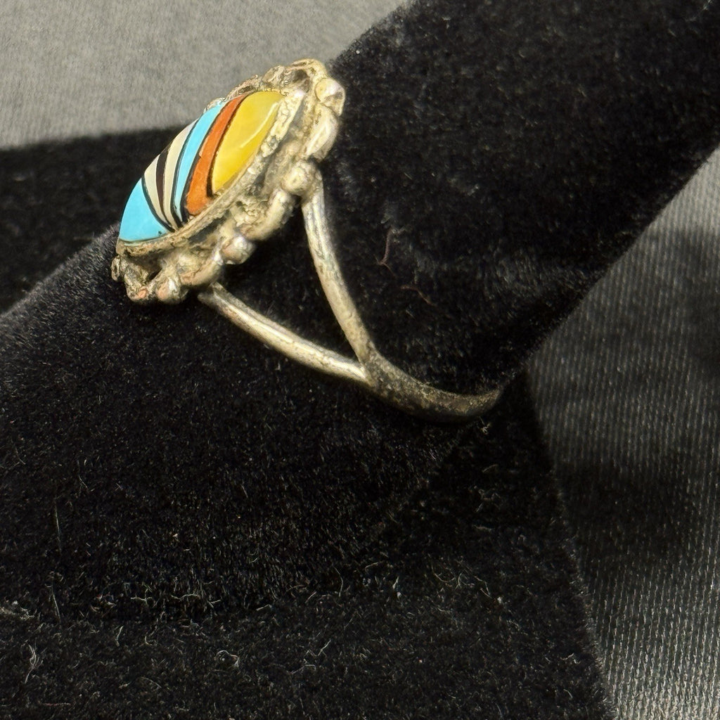 Native American Sterling Silver Ring Navajo Inlay Signed Sadie Calvin Size 7.5