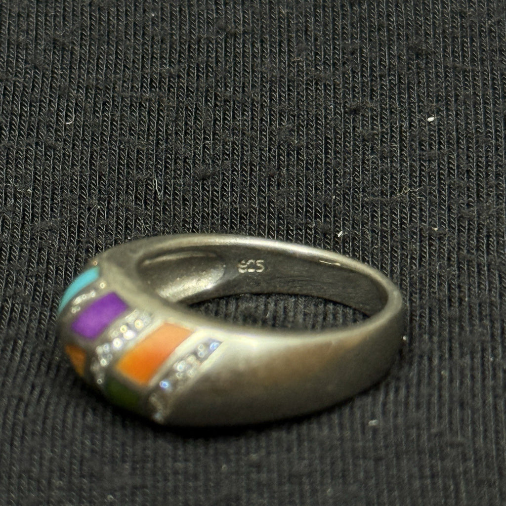 Estate Sterling Silver Stone Inlay CZ Ring Band Size 6 925