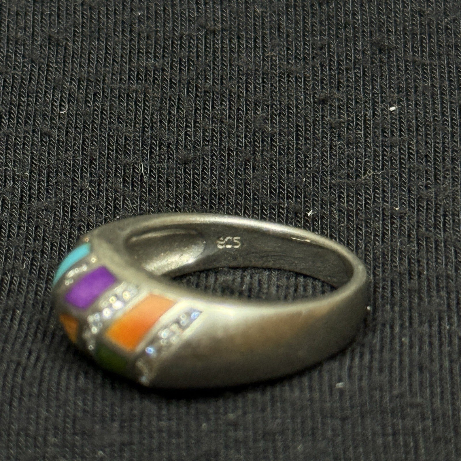 Estate Sterling Silver Stone Inlay CZ Ring Band Size 6 925