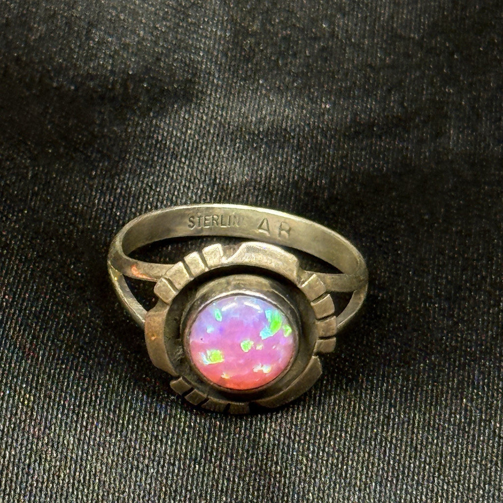Native American Sterling Silver Ring Pink Fire Opal Signed AB Navajo Size 7