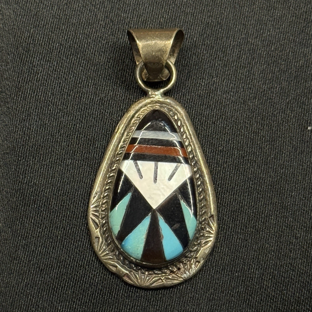 Native American Sterling Silver Pendant Zuni Inlay Signed Leslie & Gladys Lamy