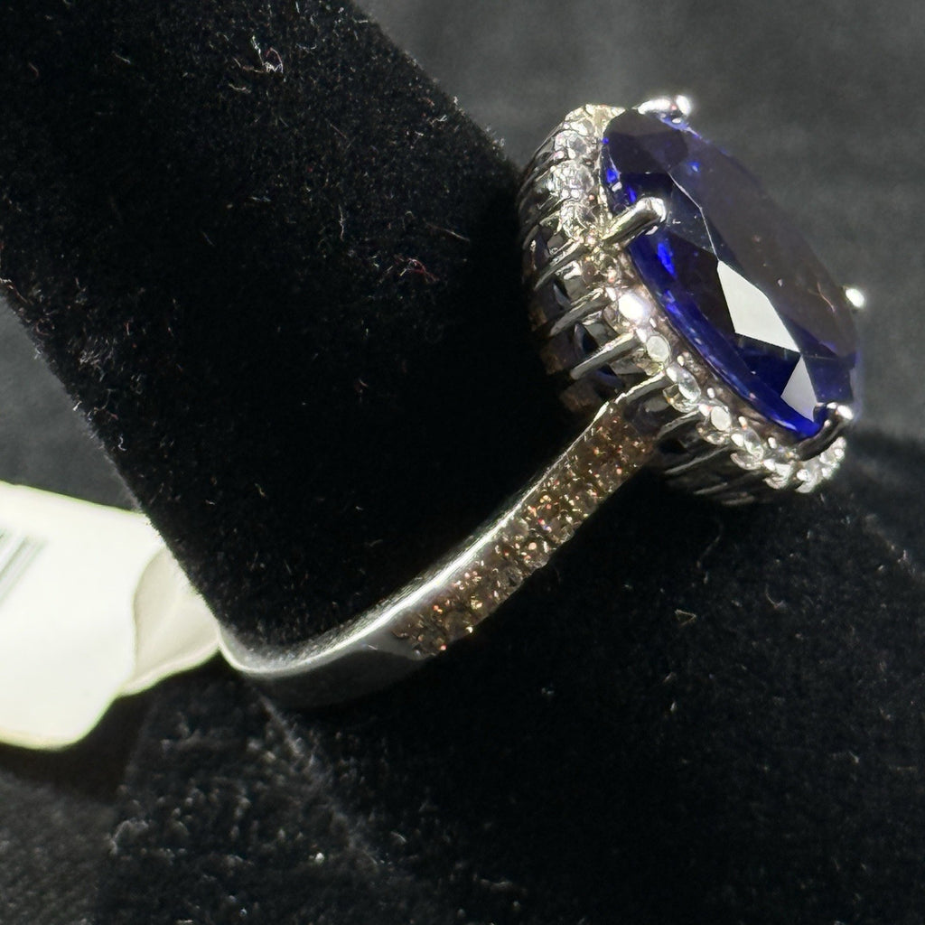 Estate Sterling Silver Tanzanite Cocktail Ring Size 7.5 – Halo Setting