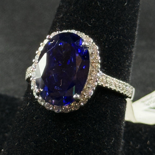 Estate Sterling Silver Tanzanite Cocktail Ring Size 7.5 – Halo Setting